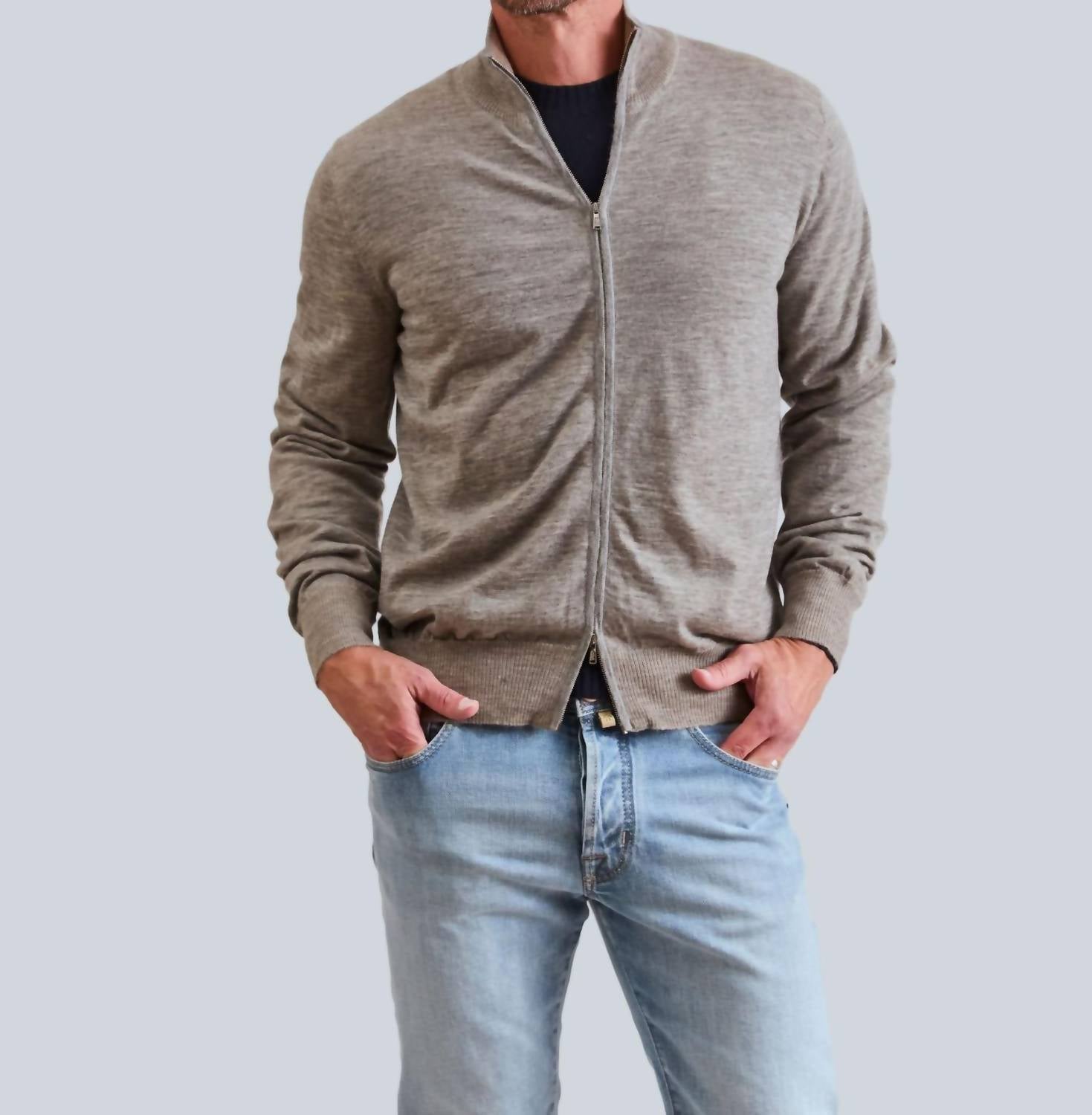 Fioroni Cashmere Duvet Cashmere Full-zip Sweater in grey - men's sweater - detail view
