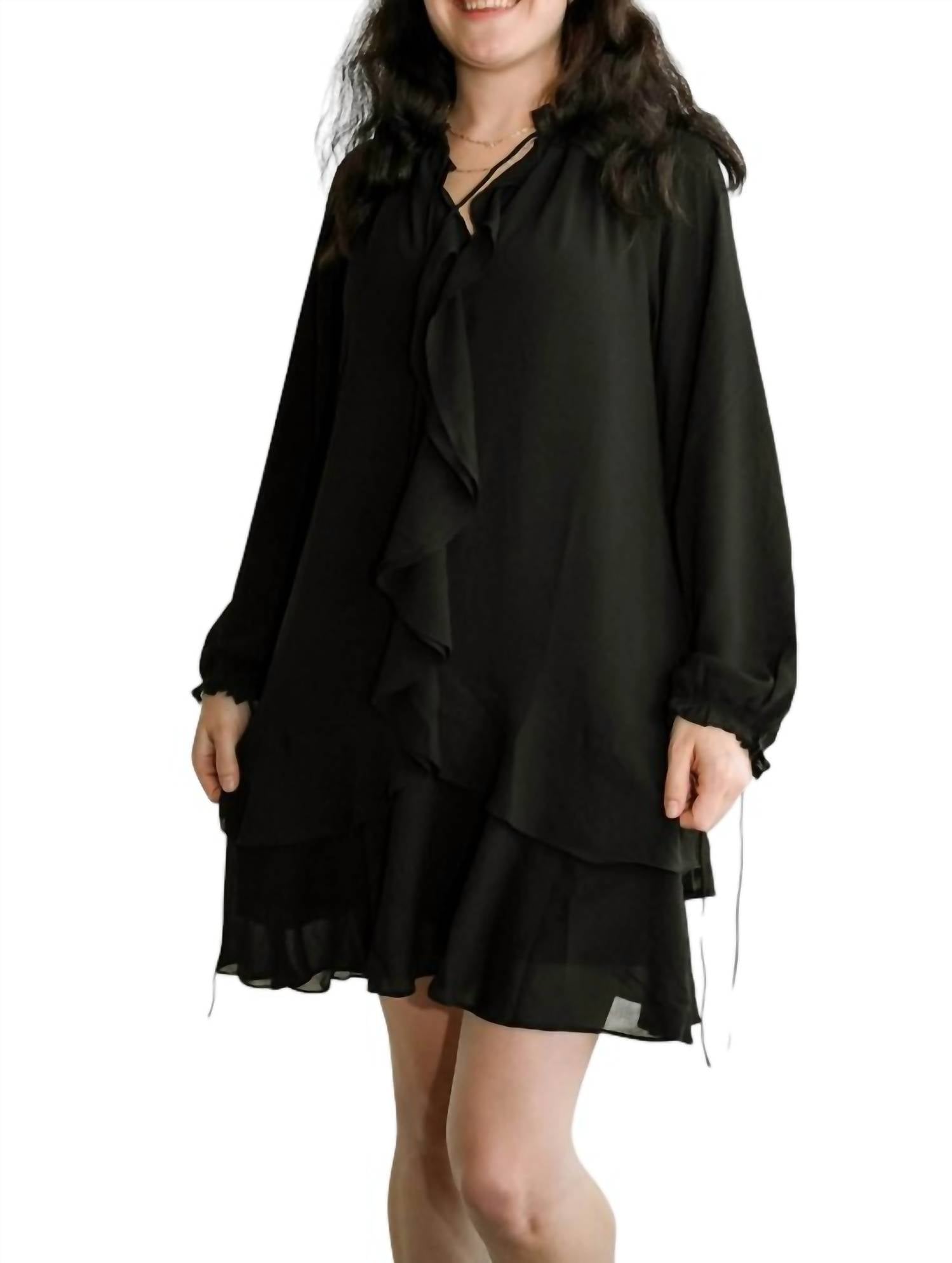 THML Long Sleeve Flutter Dress in black - women's dress