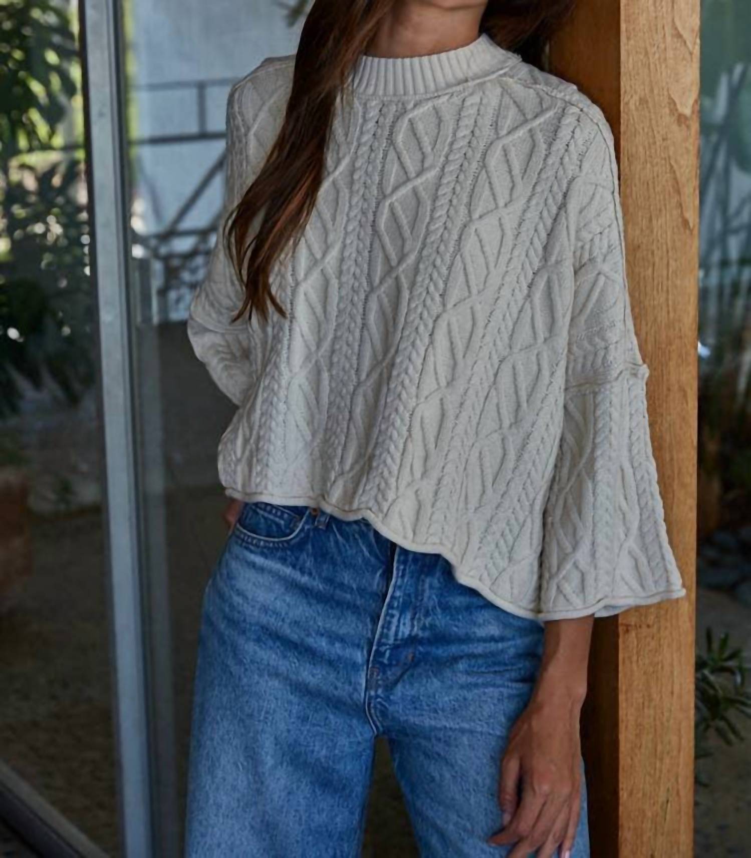 By Together Cable Knit Crew Neck Sweater in natural - women's sweater - alternate view