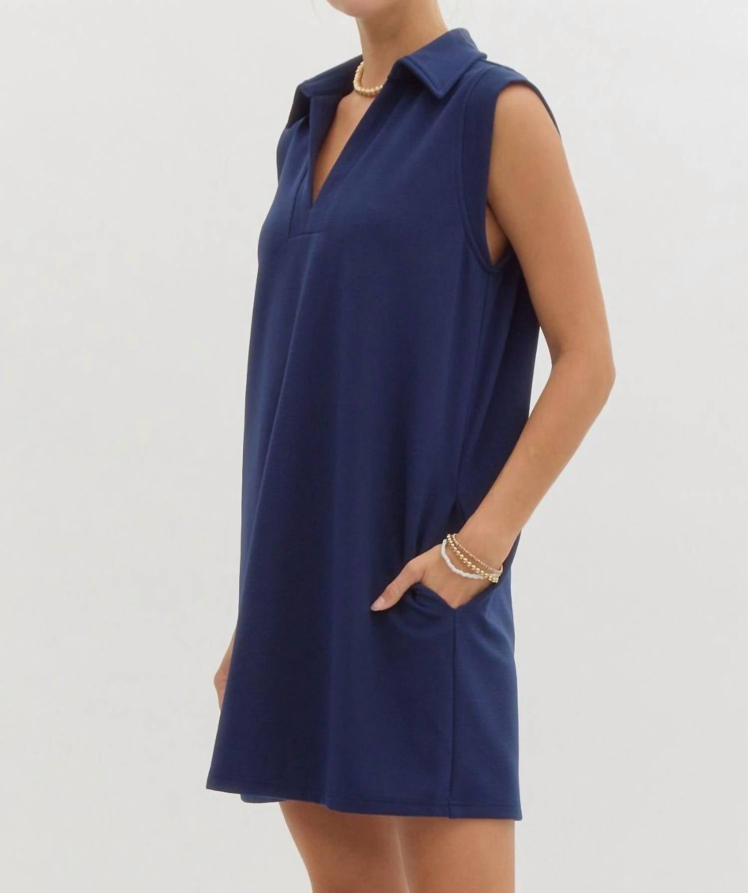 Entro - Textured Solid V Neck Dress