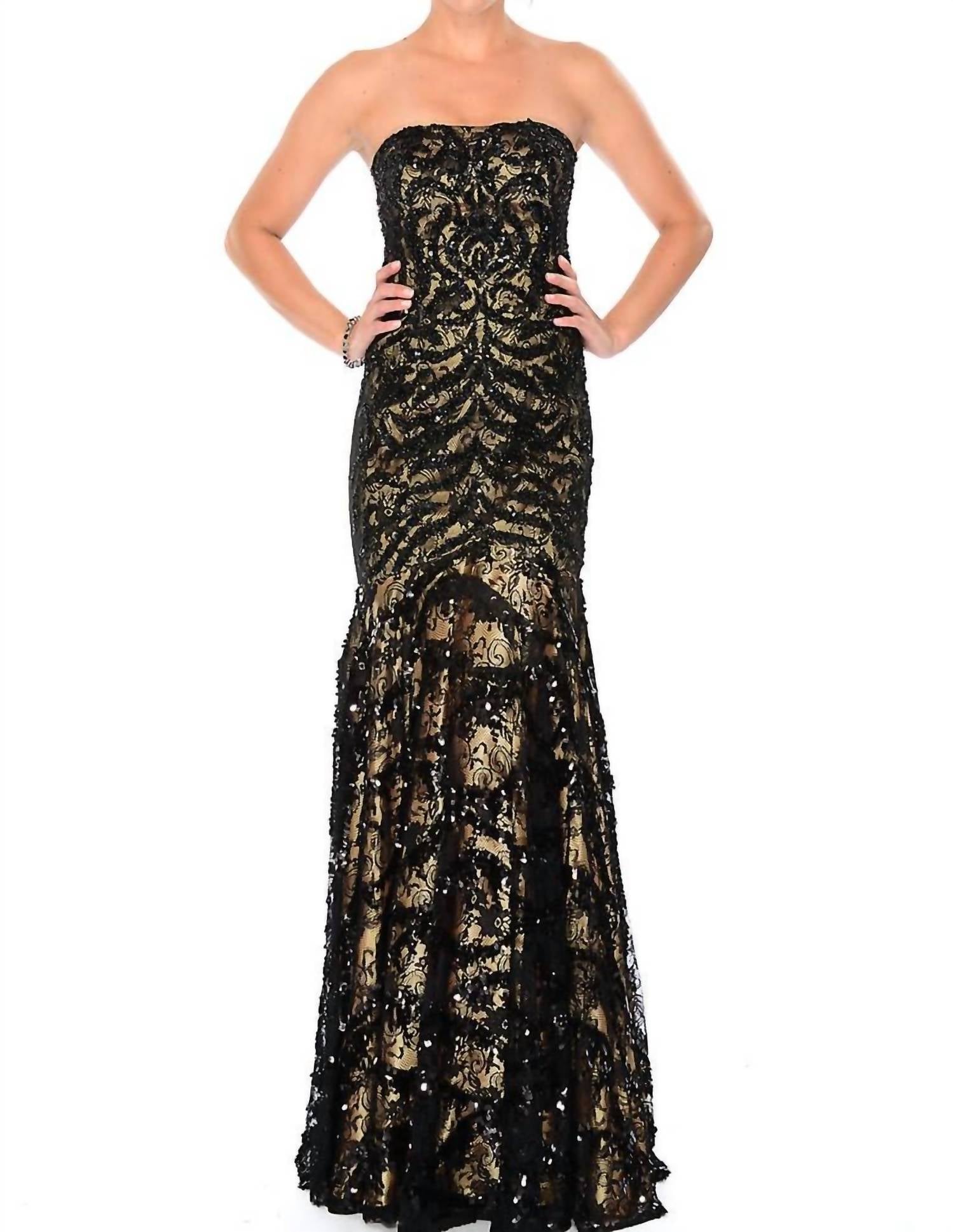 Precious Formals - Lace-and-sequins Overlay Strapless Gown