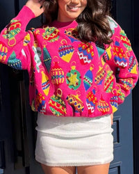QUEEN OF SPARKLES Multi Jeweled Ornament Sweater in hot pink - women's sweater - detail view