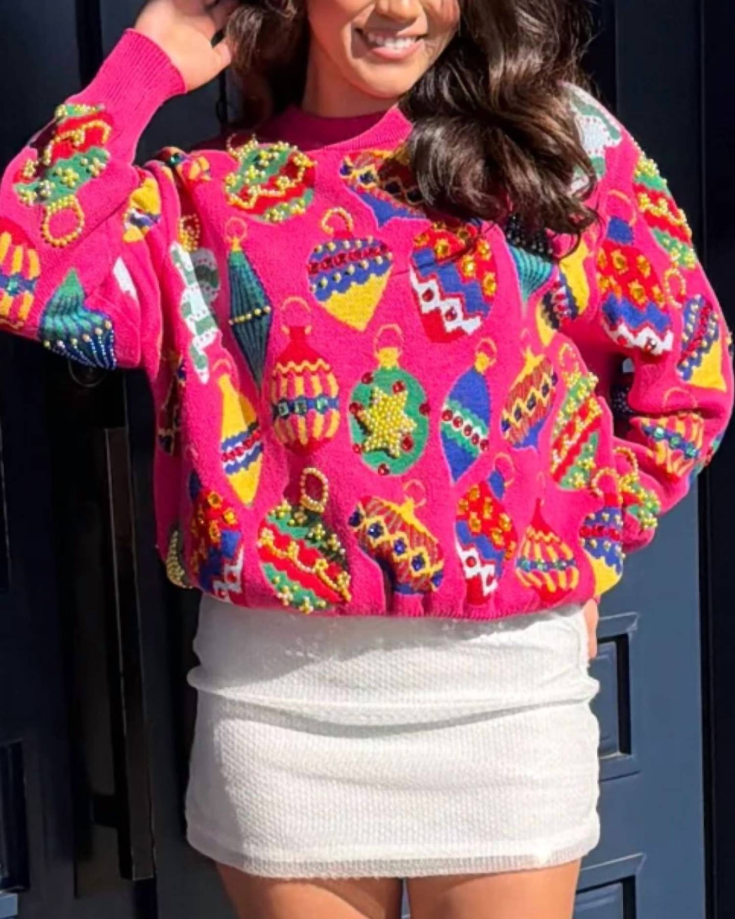 QUEEN OF SPARKLES Multi Jeweled Ornament Sweater in hot pink - women's sweater - detail view