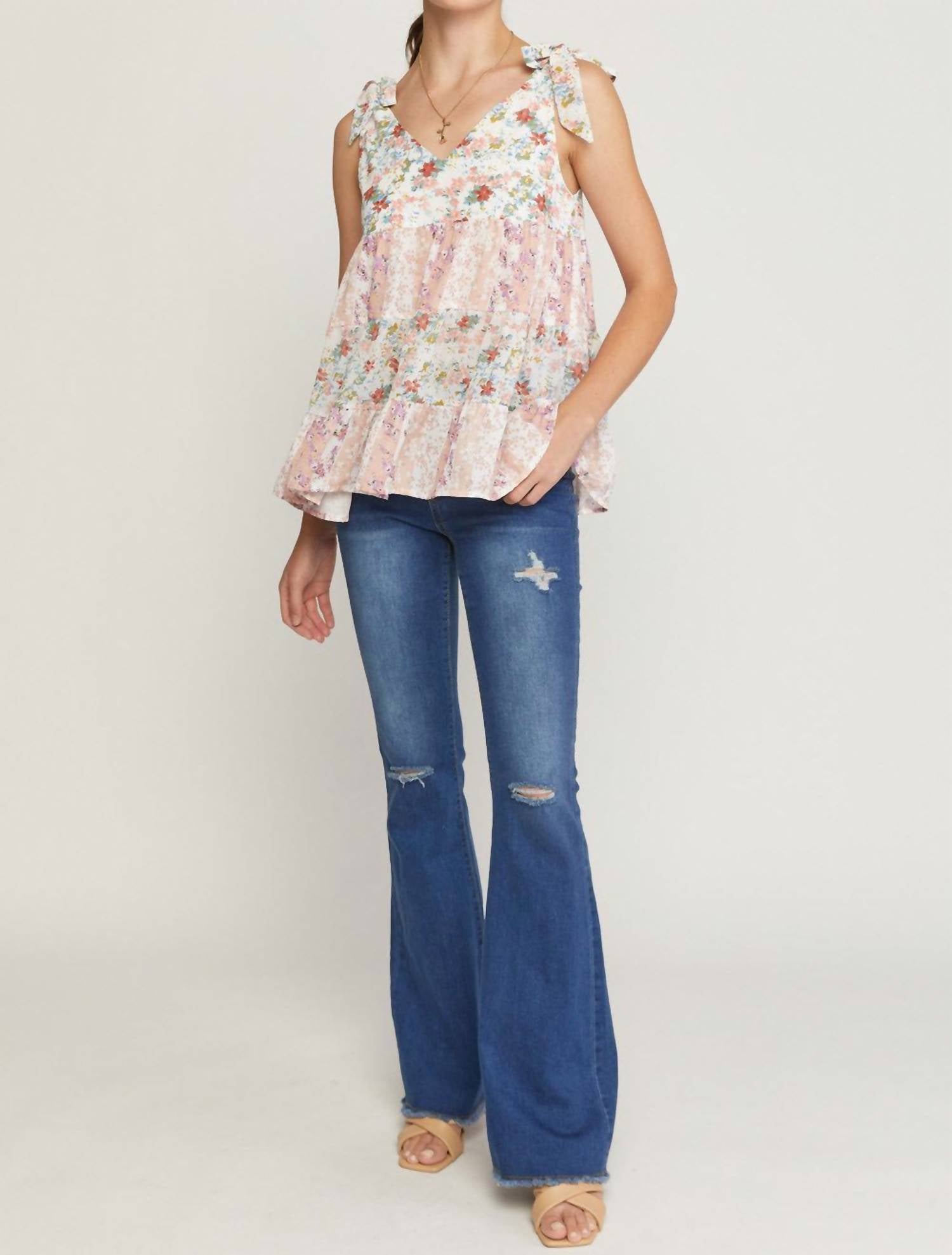 Entro - Mixed Floral Print Tiered Top