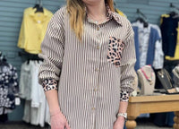 Rosa Clothing - Chic Style Leopard And Striped Patchwork Shirt