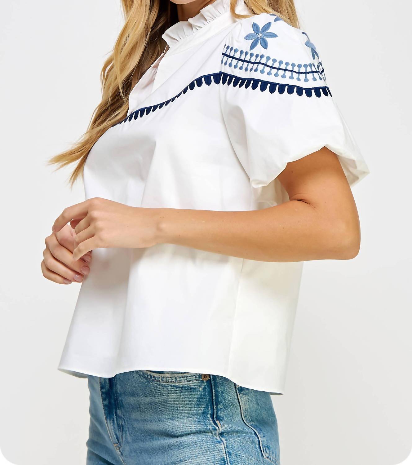 Strut & Bolt - Embroidered Puff Sleeve Top