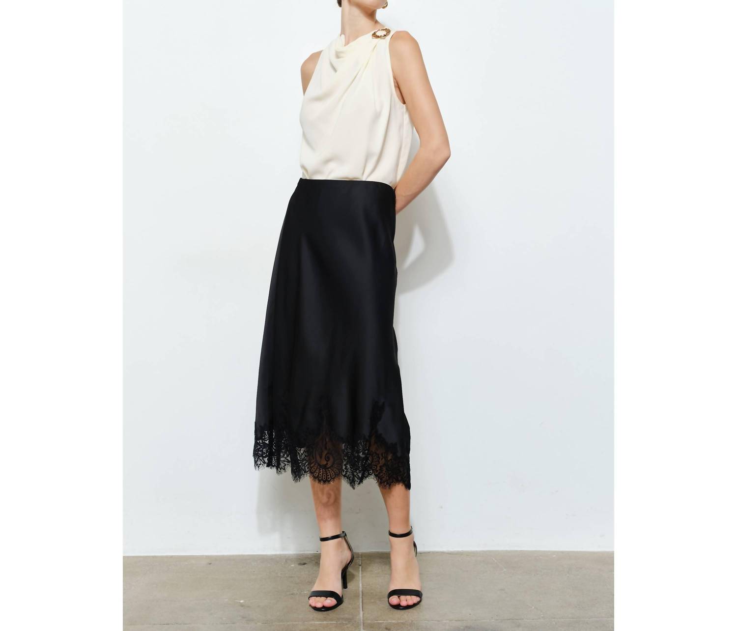 INA Fashion Classic Silky With Lace Hem Midi Skirt in black - women's skirt - view 4