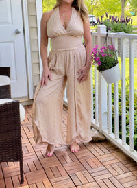 Tan Fringe Hem Scallop Pants