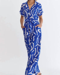 Entrousa V-neck Collared Button Up Jumpsuit in blue zebra - women's pants - detail view
