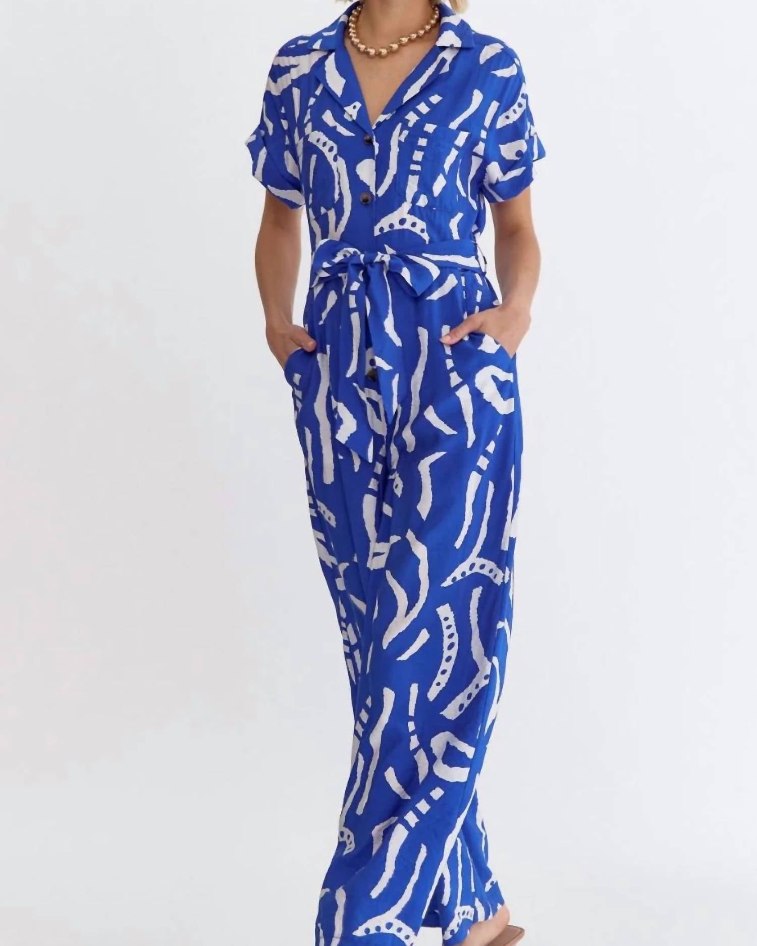 Entrousa V-neck Collared Button Up Jumpsuit in blue zebra - women's pants - detail view