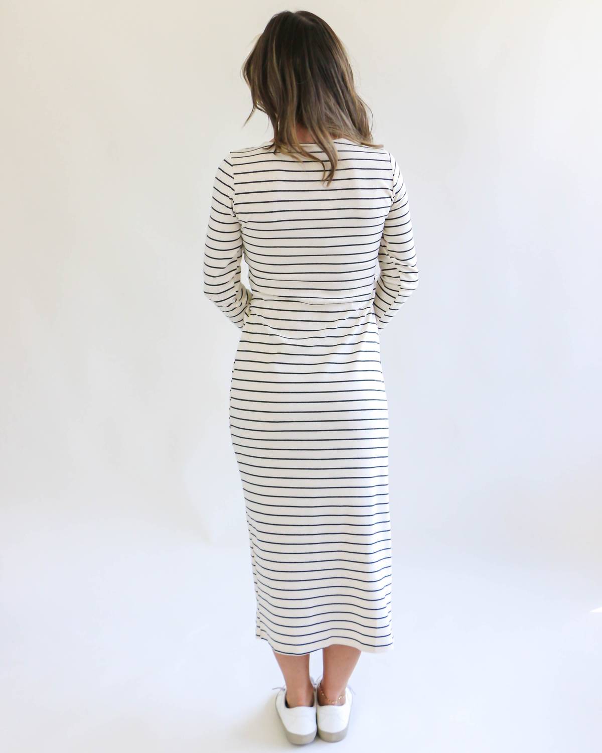 Gilli - Long Sleeve Waist Twist Side Slit Stripe Maxi