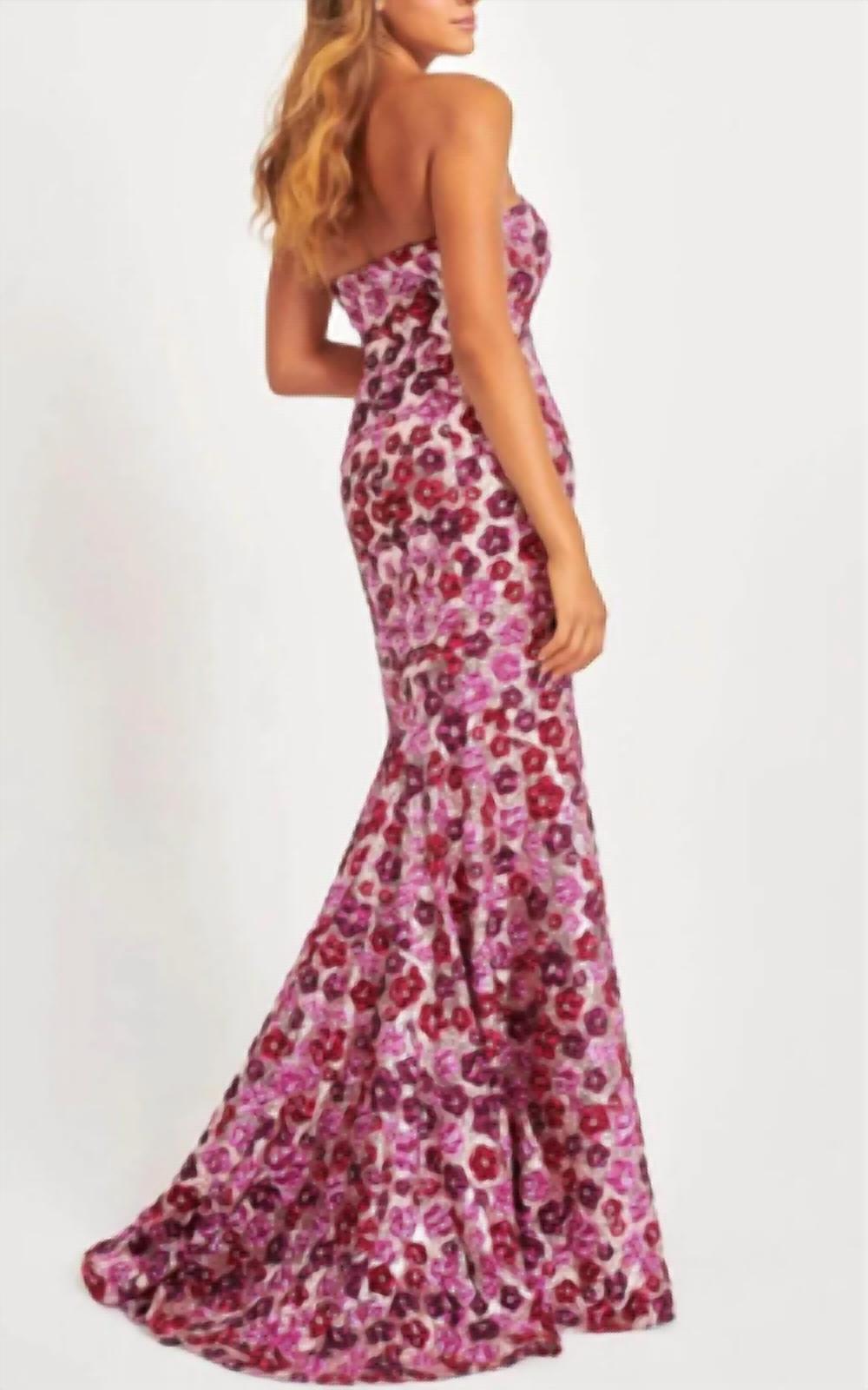 FAVIANA Strapless Sequin Mermaid Dress With Colorful Floral Design in pink - women's dress - detail view