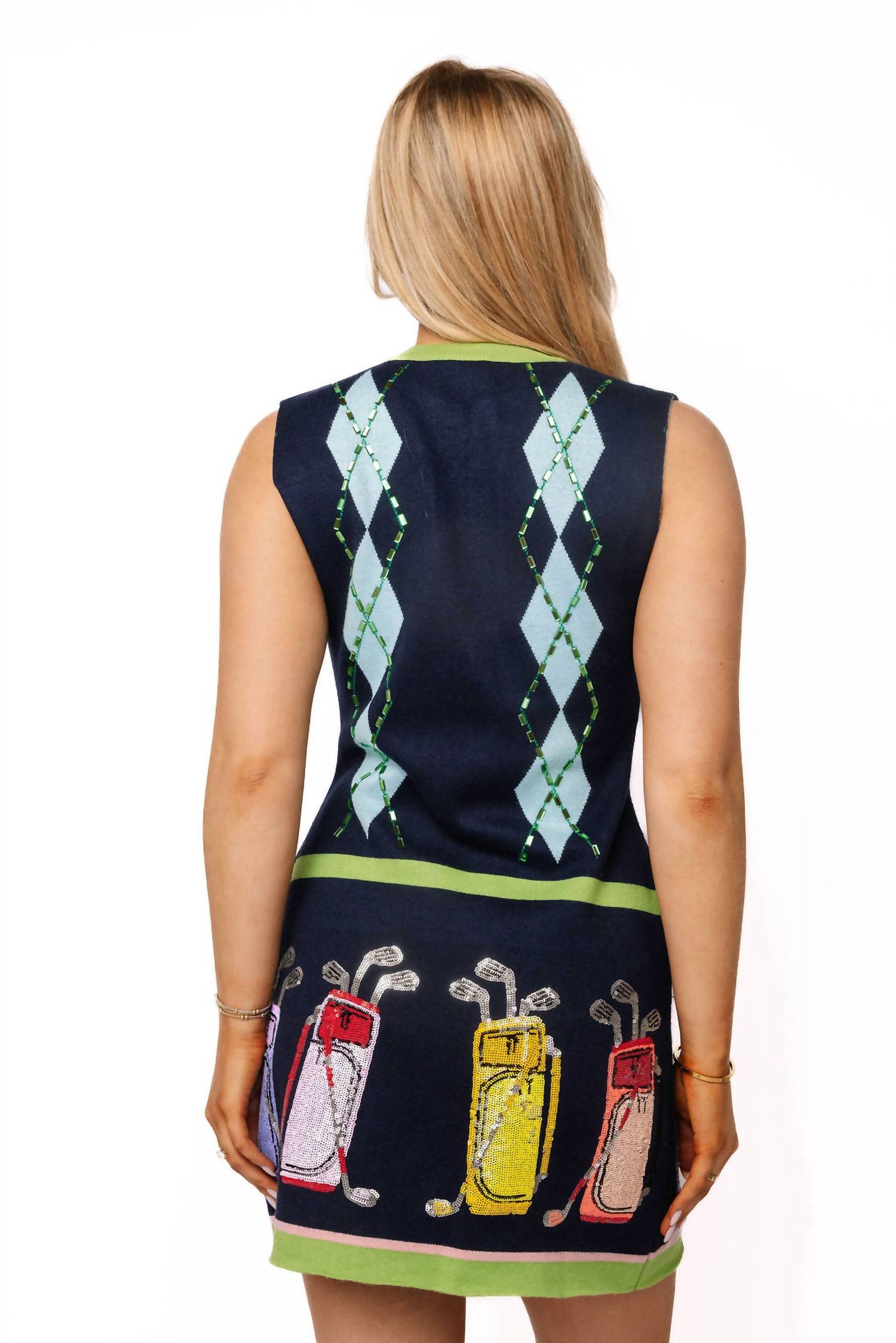 QUEEN OF SPARKLES Argyle Multi Golf Bag Button Up Tank Dress in navy - women's dress - detail view
