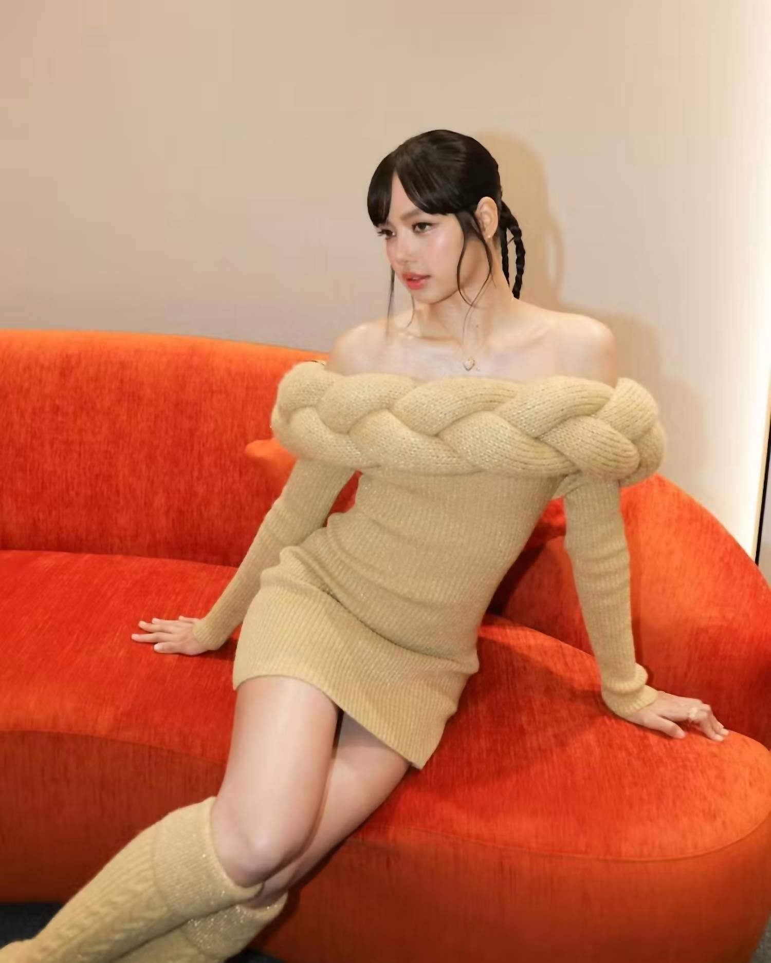 Blithe - Off-shoulder Braided Knit Dress