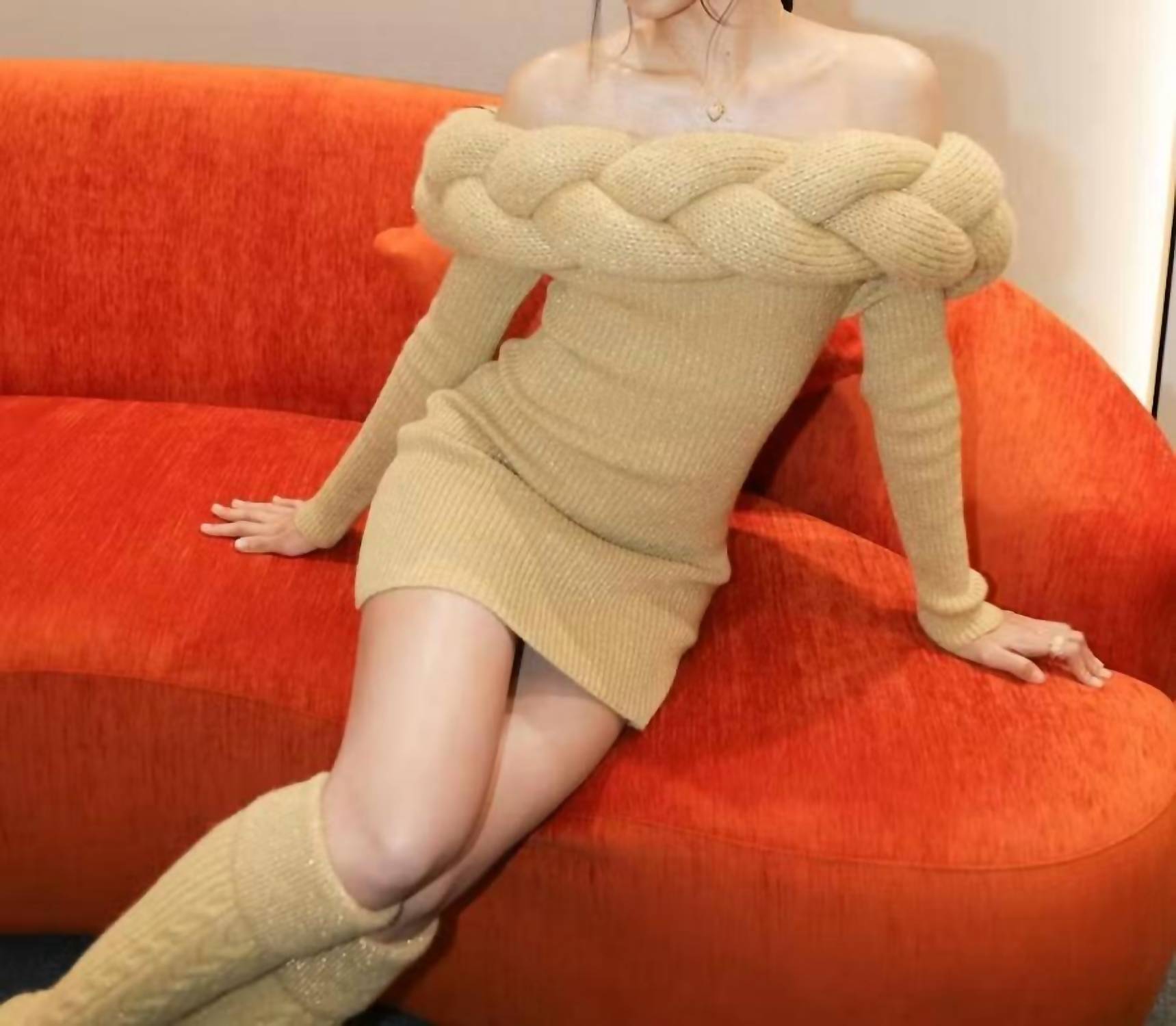 Blithe - Off-shoulder Braided Knit Dress
