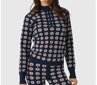 THE GREAT. Merino Quarter Zip Floral Print Top in blue - women's top