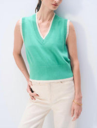 White + Warren Varsity Cotton Sweater Vest in retro green ivory - women's jacket