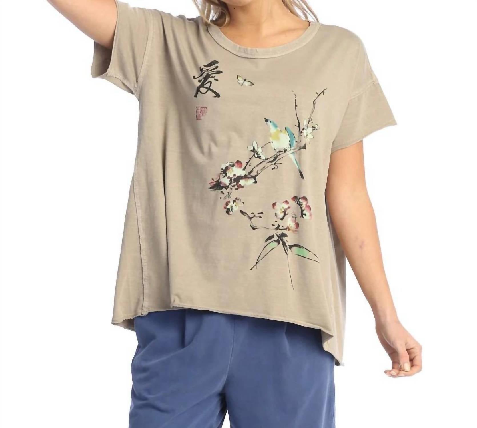 Jess & Jane Love Song Pigment Dyed Cotton Jersey Top in taupe - women's t-shirt