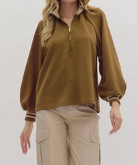 entro Half Zip Knit Top With Striped Rib Trim in olive - women's jacket