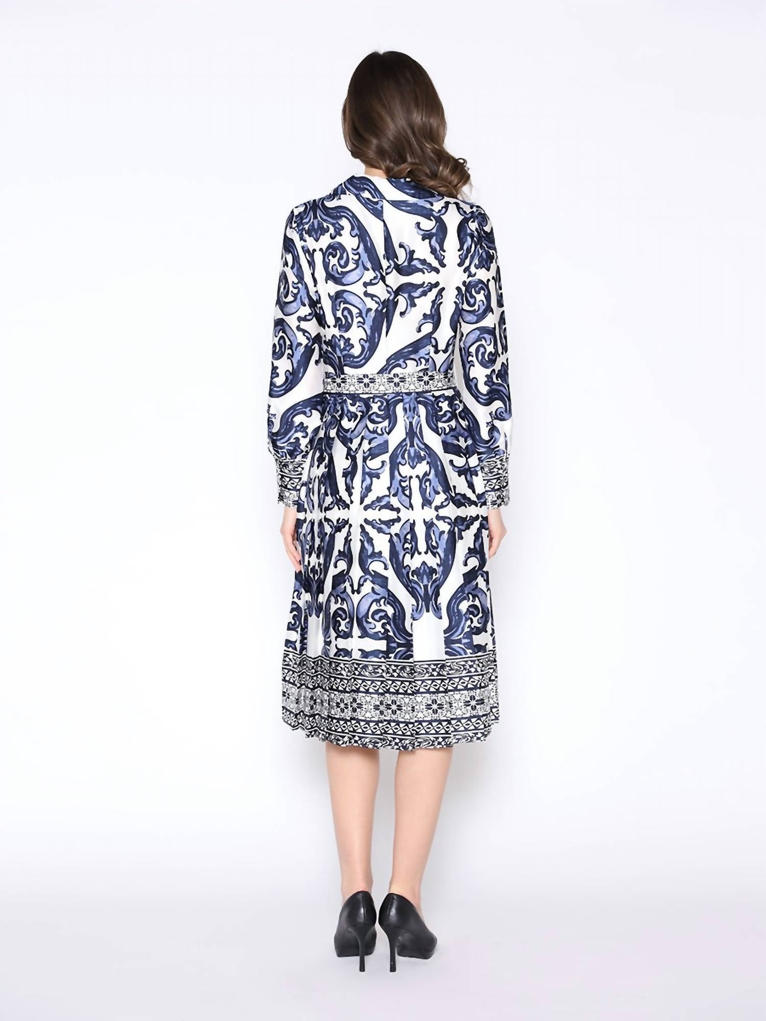 Gracia - Floral Long Sleeve Lapel Collar Tie Belt Dress