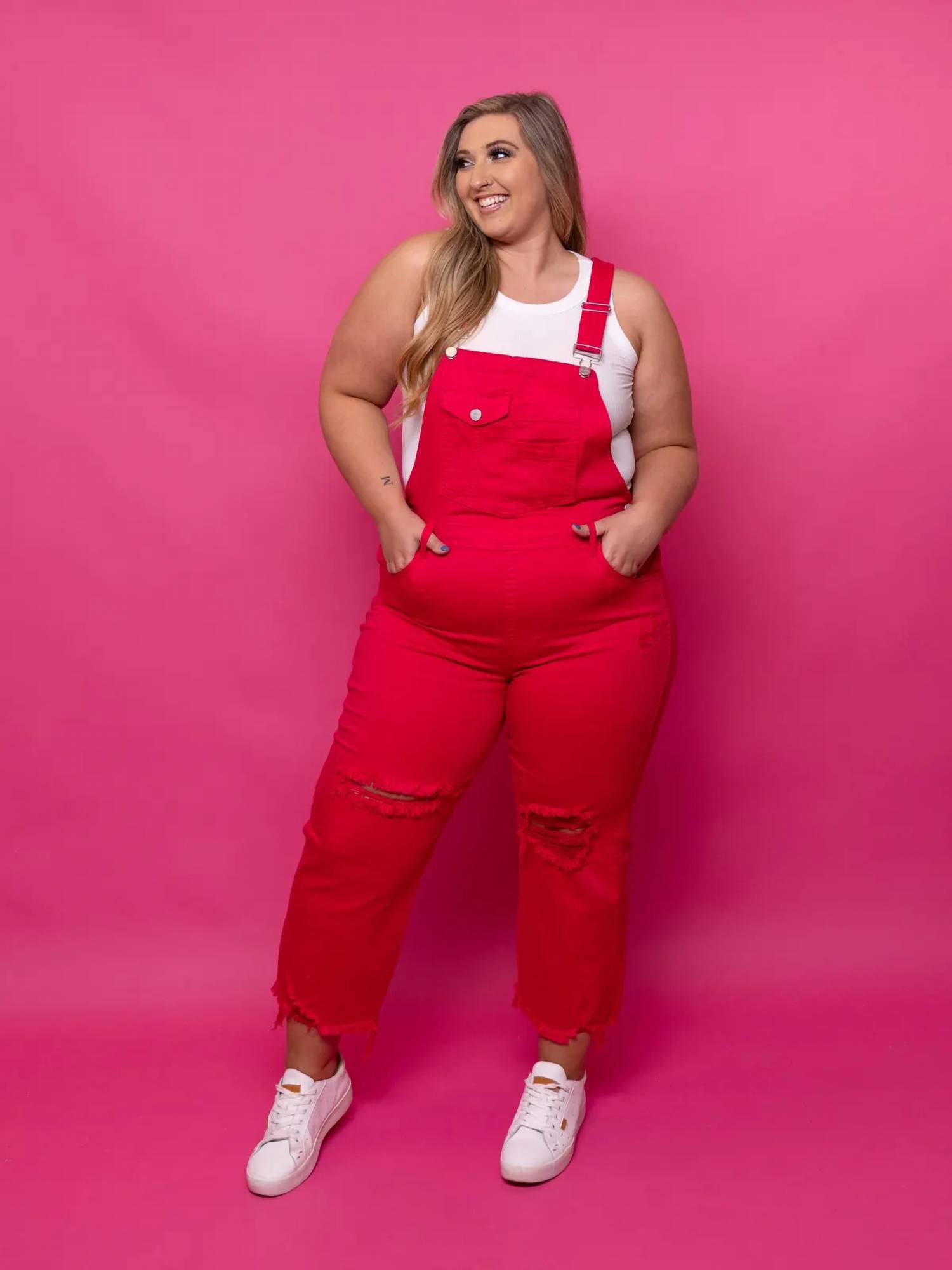 Risen - High Rise Distressed Denim Overalls