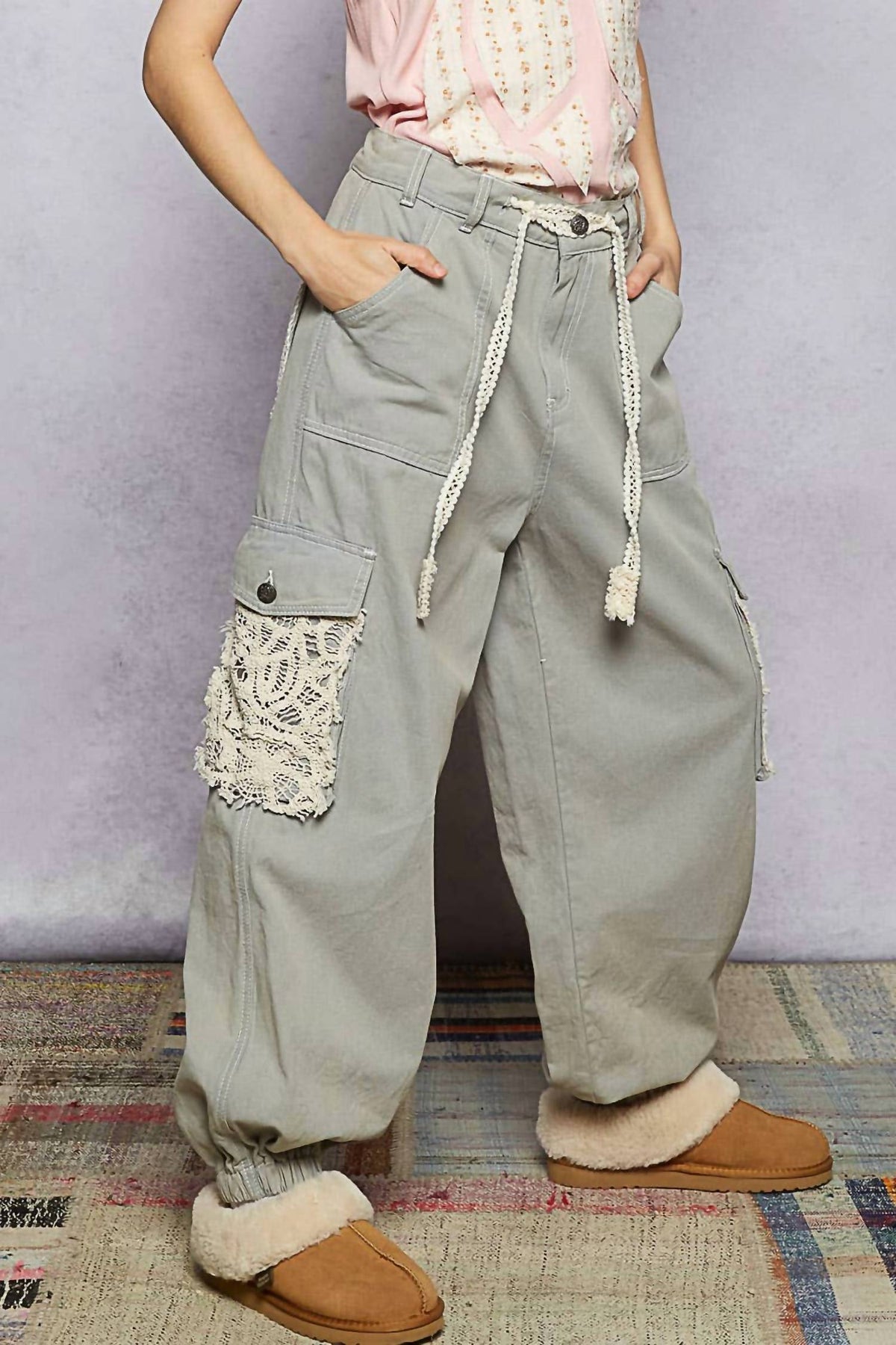 Pol - Crochet Overlay Pockets Woven Twill Pants