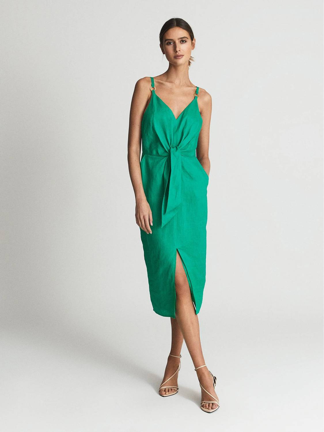 Reiss - Kay Tie Front Linen Blend Midi Dress