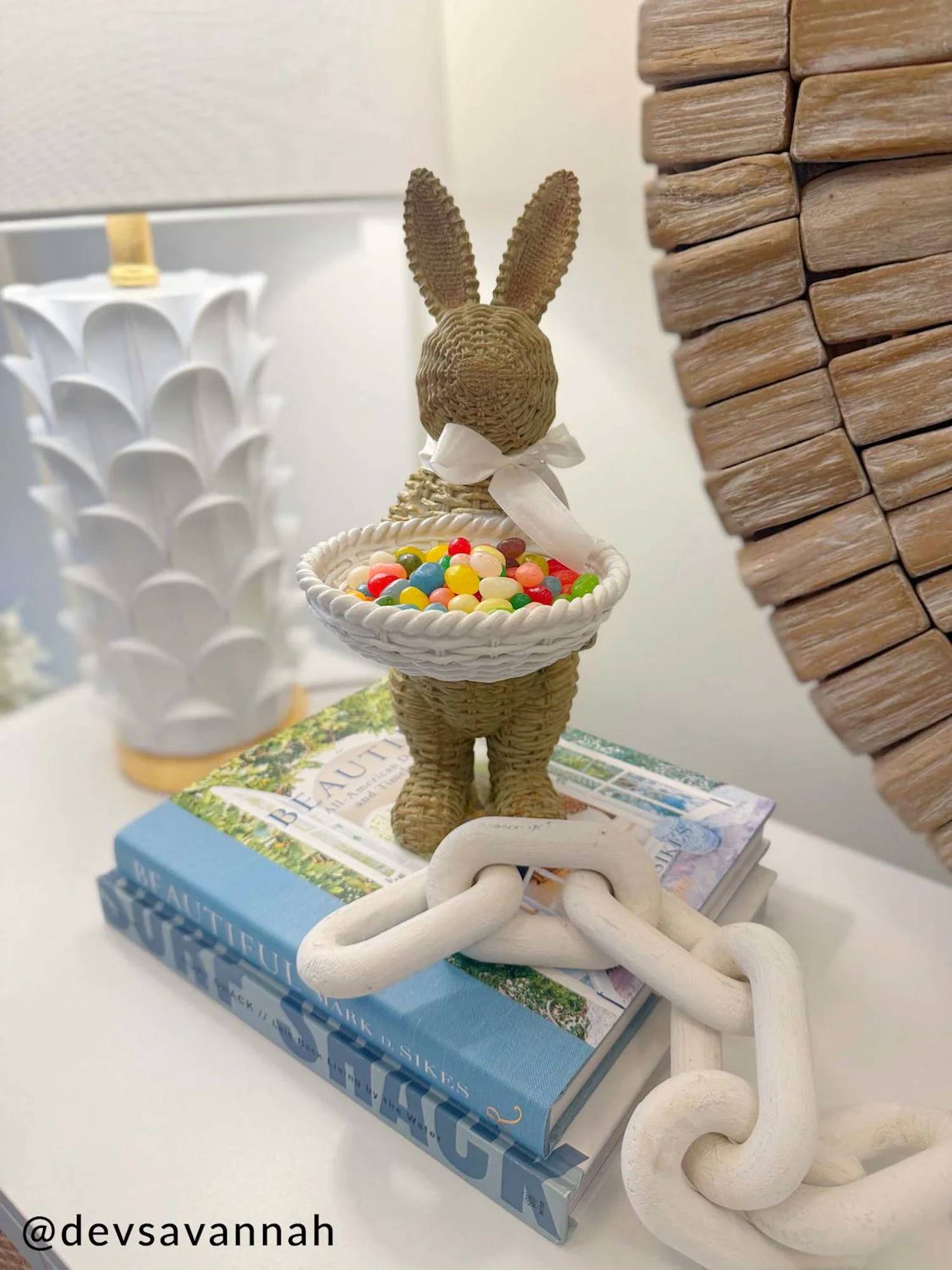 Mudpie - Woven Wicker Resin Bunny Sitter with Candy Dish