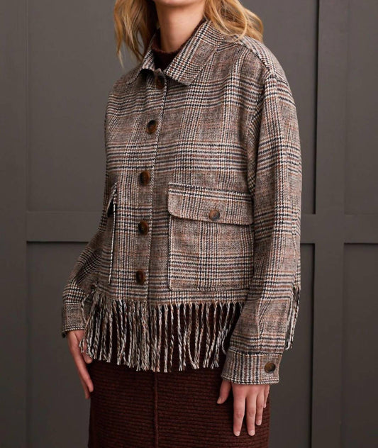 Tribal - Plaid Crop Shacket With Fringe