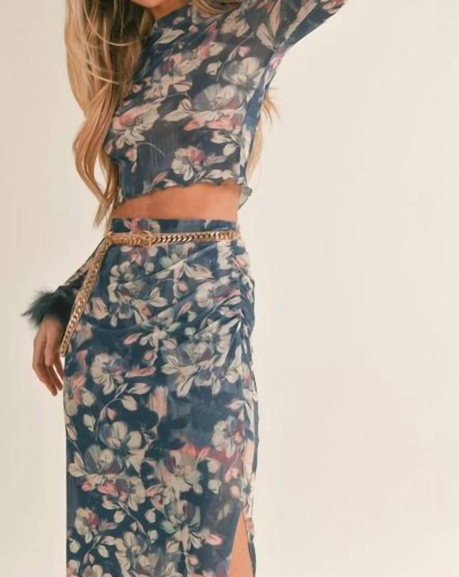 Sage The Label - Vegan Feather Trim Floral Print Long Sleeve Top