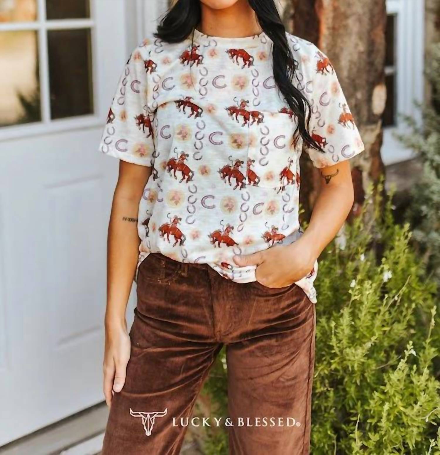 Lucky & Blessed - Vintage Rodeo Cowboy & Horseshoe All-over Print Western Pocket Tee