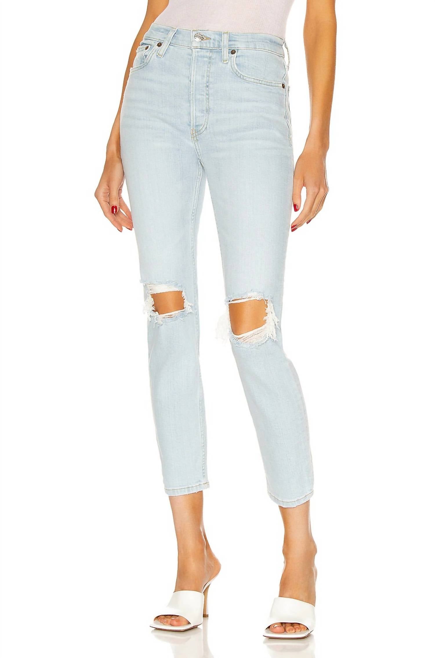 RE/DONE 90s High Rise Ankle Crop Jeans in destroyed icy blue - women's jeans