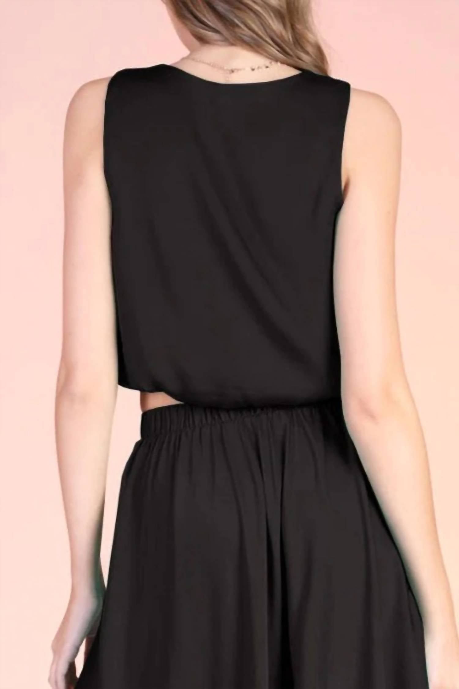 KLd. Signature V-neck Washed Satin Bubble Hem Top in black - women's shirt - detail view