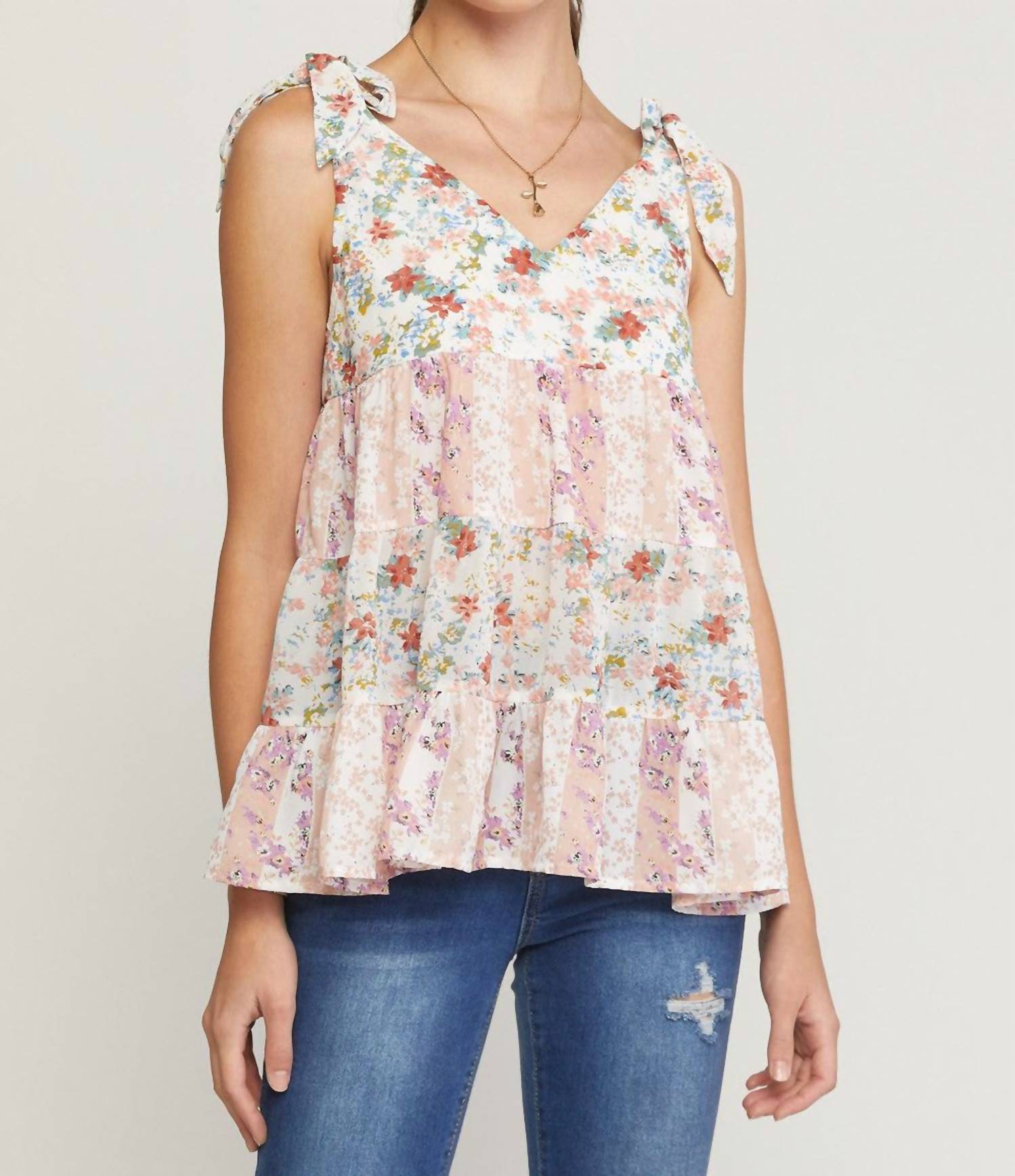 Entro - Mixed Floral Print Tiered Top