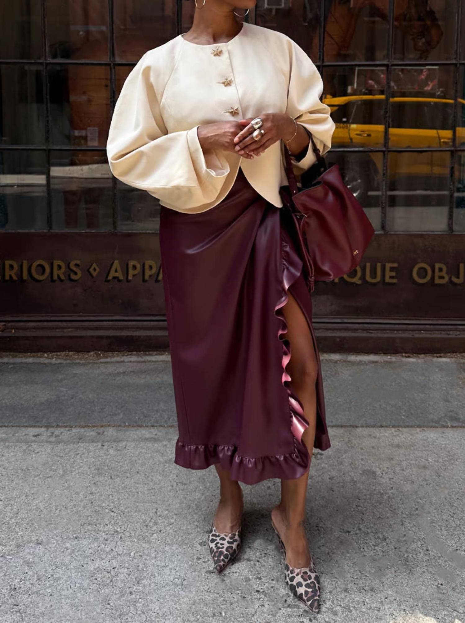 Never Fully Dressed - Vegan Leather Ruffle Jaspre Midi Skirt