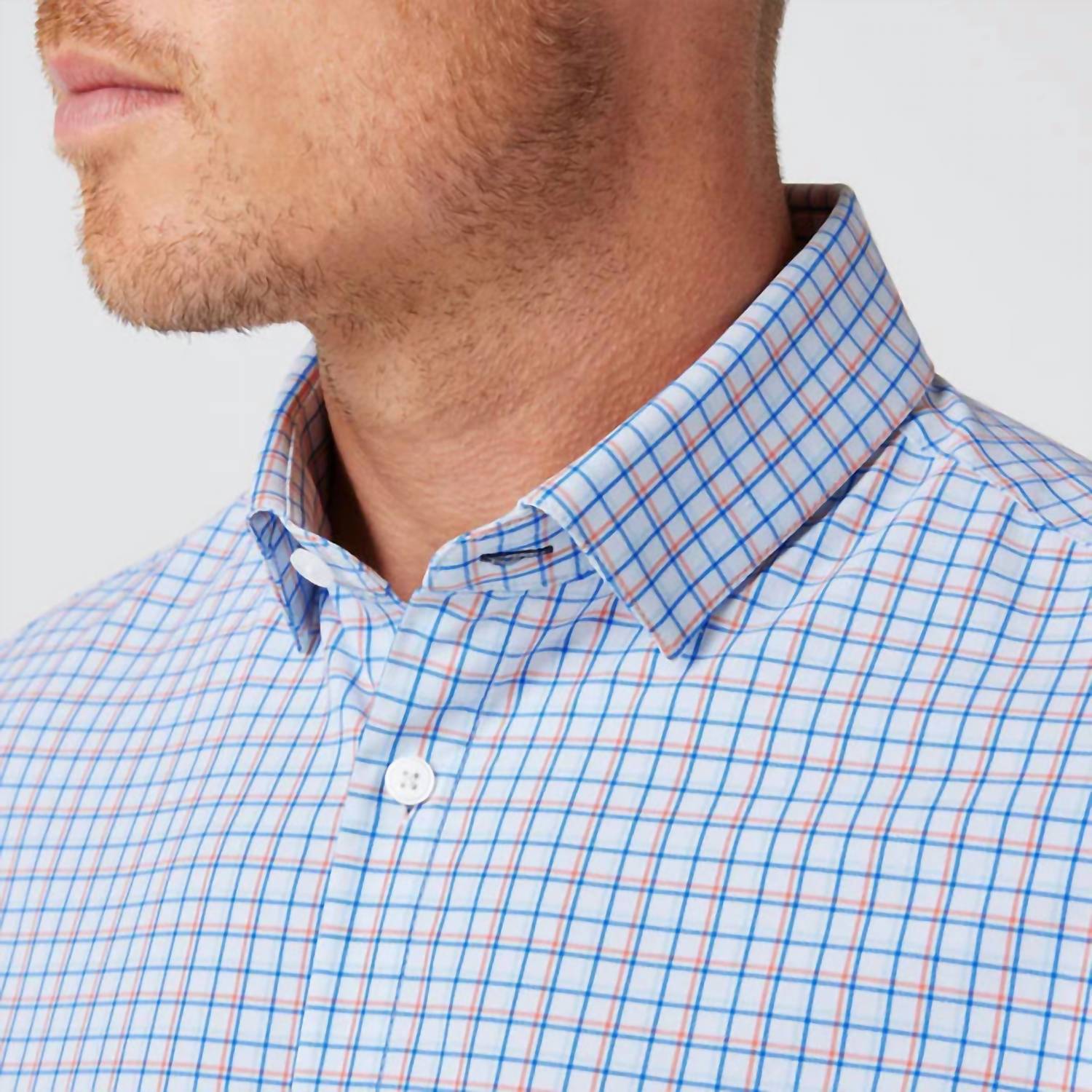 Mizzen + Main Leeward Trim Fit Long Sleeve Dress Shirt in birdie blue ludlow plaid - men's shirt - detail view