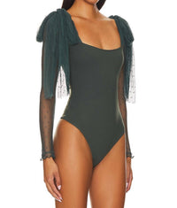 Free People Tongue Tied Mesh Detail Bodysuit in green gables - women's shirt - view 4