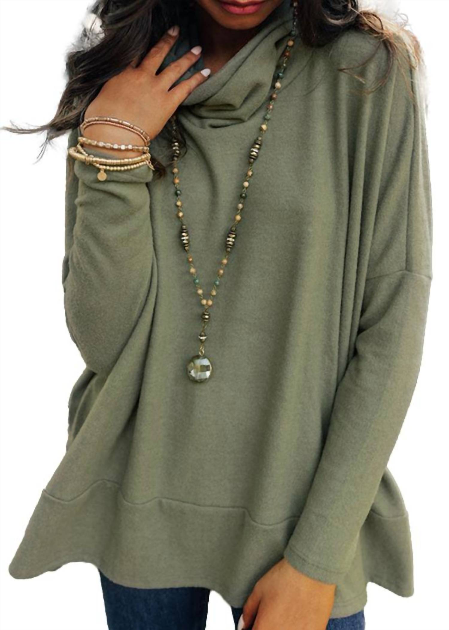 dear lover Women's Cowl Neck Shift Tunic Top in jungle green - women's long sleeve top
