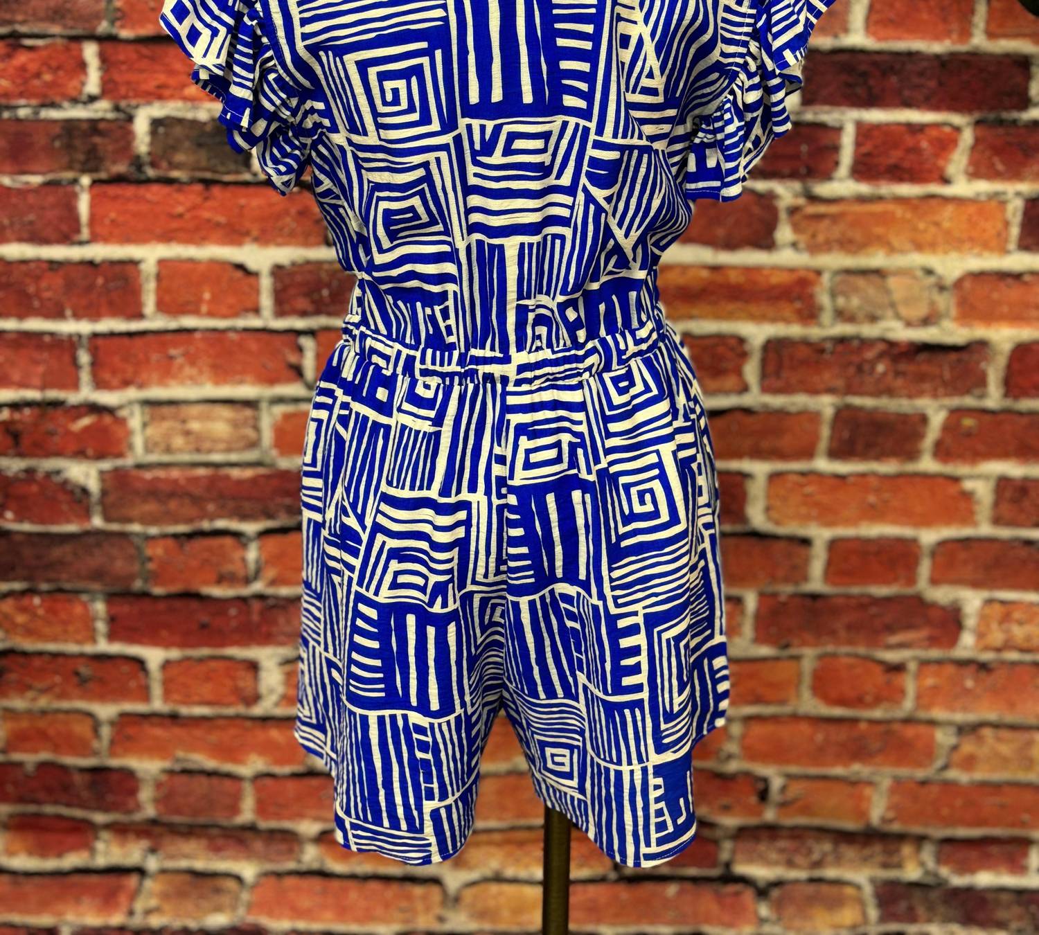 Jodifl Women's Geo Print Ruffle Sleeve Romper in royal blue - women's pants - detail view