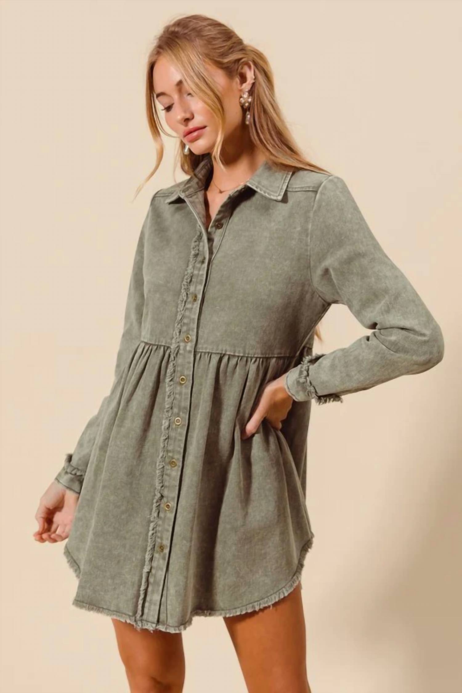 So Me - Washed Twill Button Down Shirt Mini Dress