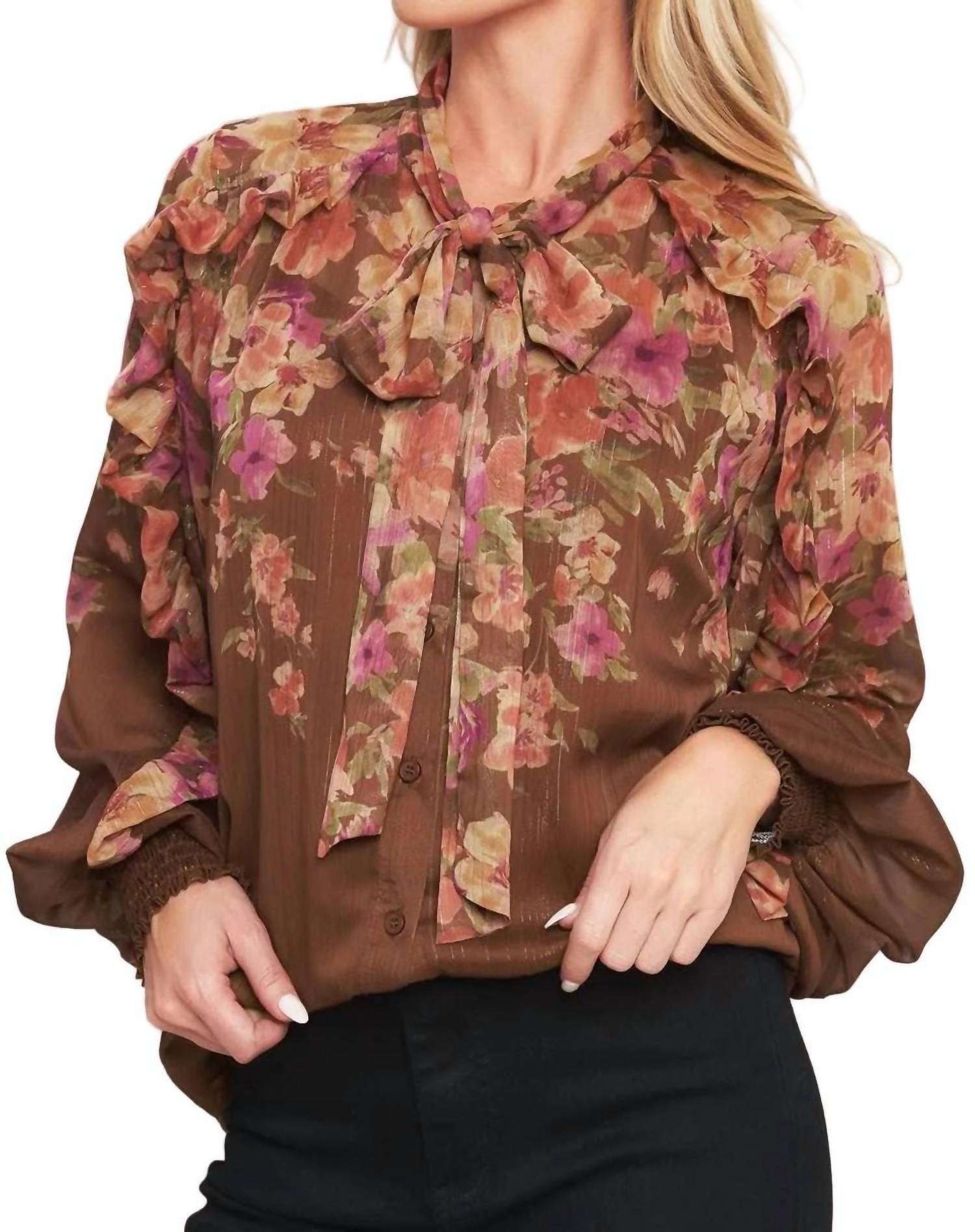 Flying Tomato - Floral Tie Neck Blouse