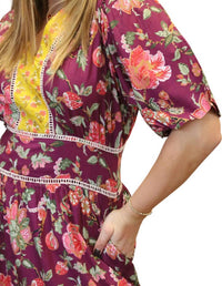 THML Puff Sleeve Floral Tiered Dress in plum multi - women's dress - detail view