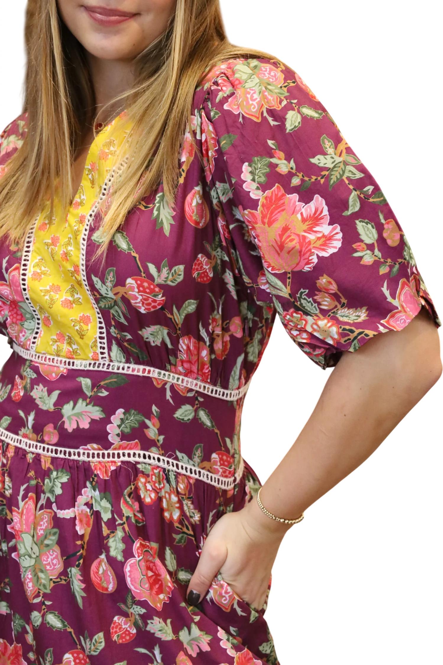 THML Puff Sleeve Floral Tiered Dress in plum multi - women's dress - alternate view