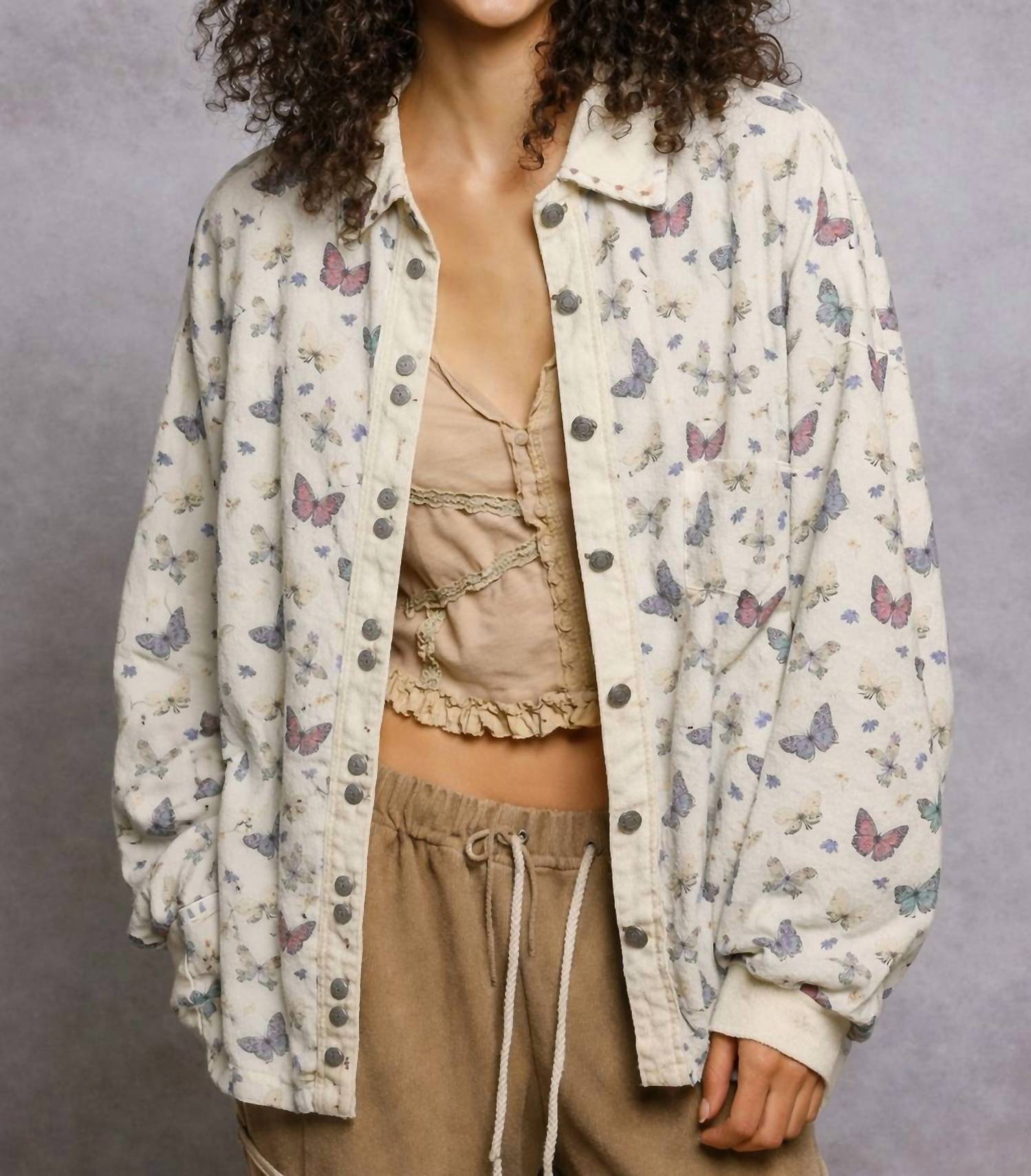 POL Fuzzy Butterfly Button-up Top in ivory - women's shirt