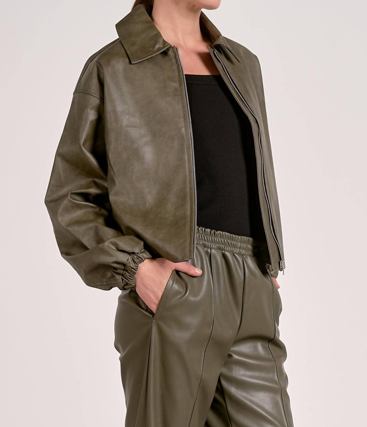 ELAN Classic Bomber Leather Jacket in pine green - women's jacket - alternate view