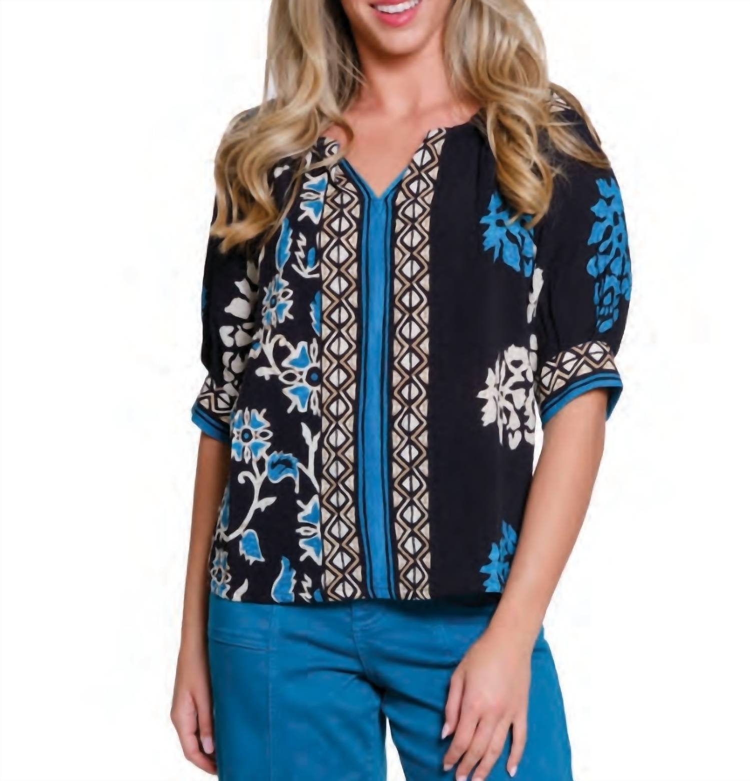 TRU LUXE border print pull over top in black multi - women's blouse