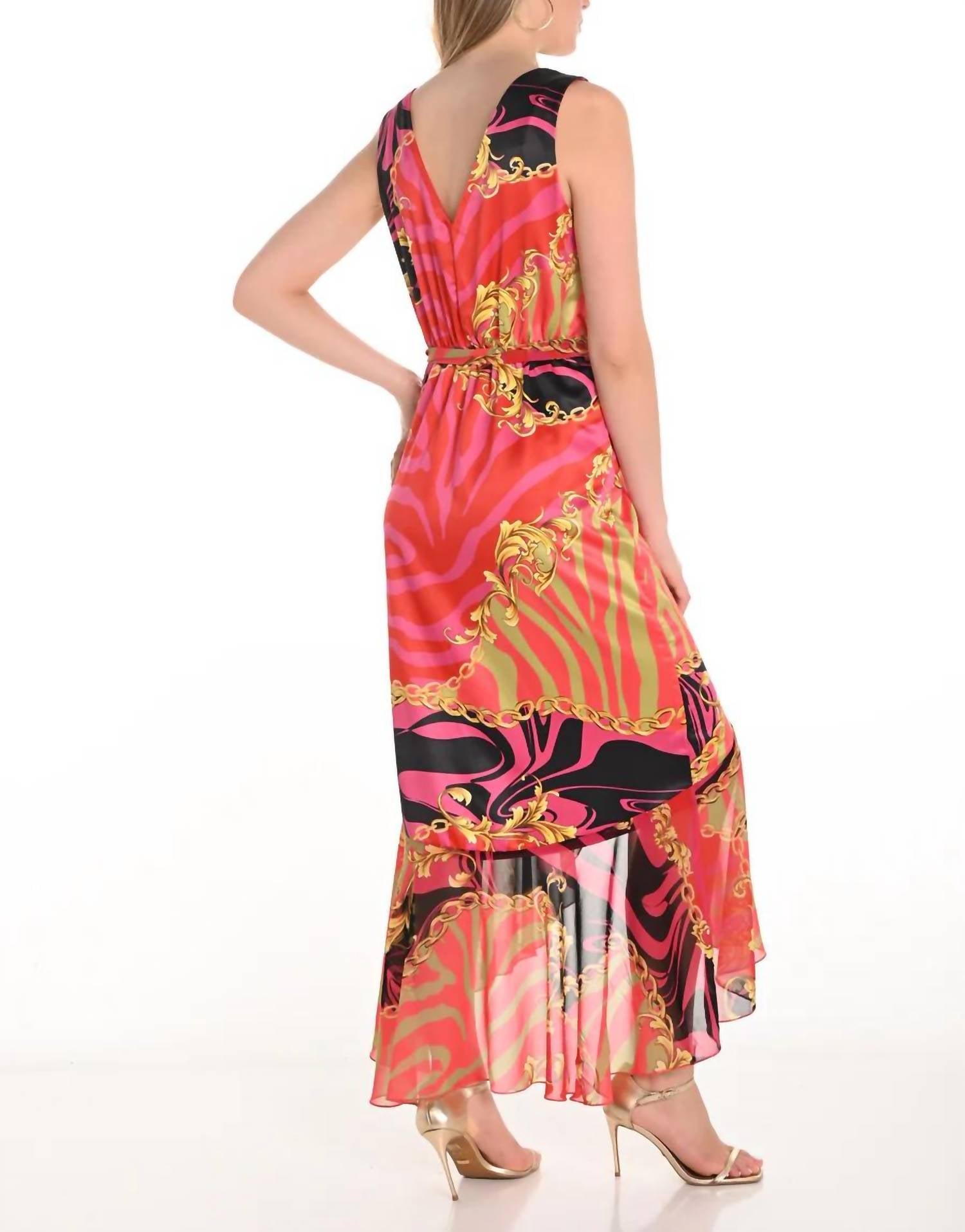 Frank Lyman Maxi Wrap Dress With Belt in pink red - women's dress - detail view