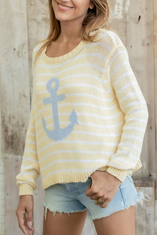 Wooden Ships - Anchor Striped Cotton Crew Sweater