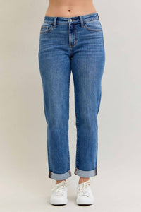Judy Blue Mid Rise Classic Cuff Boyfriend Jean in medium wash - women's jeans