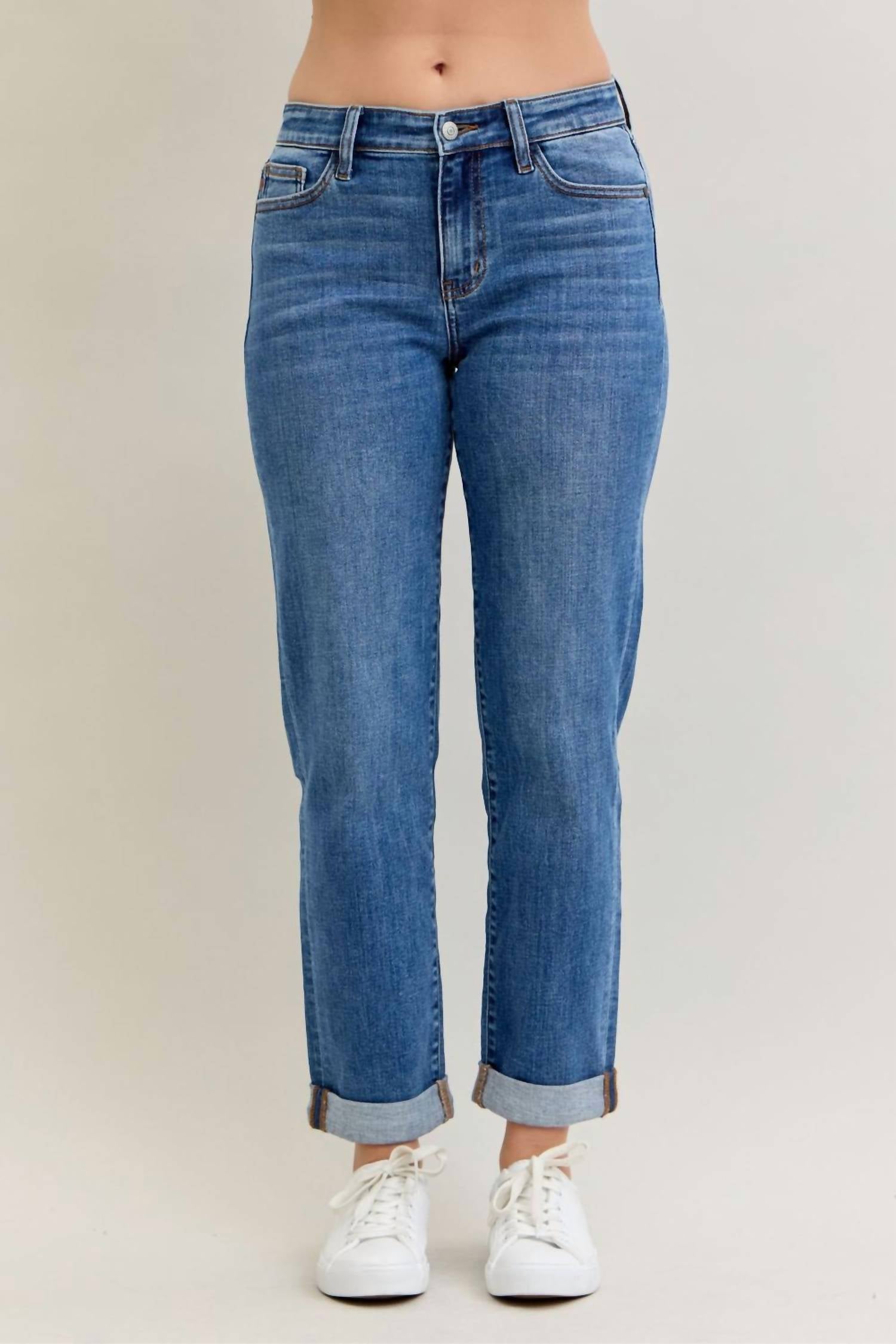 Judy Blue Mid Rise Classic Cuff Boyfriend Jean in medium wash - women's jeans